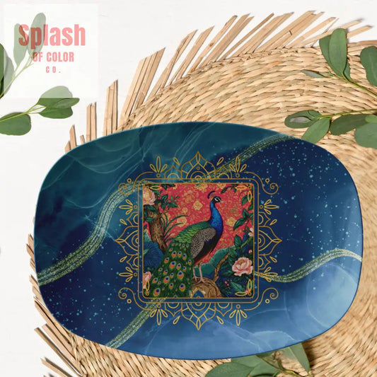 Elegant Peacock Asian Chinoiserie Watercolor Blue Hosting Party Platter - Kitchenware