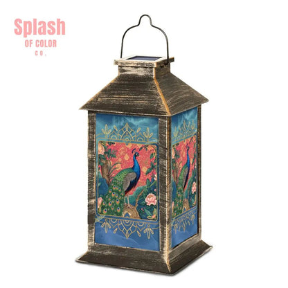 Elegant Watercolor Peacock Blue Gold Accent Asian Chinoiserie Designed Solar Lantern - Splash of Color co.