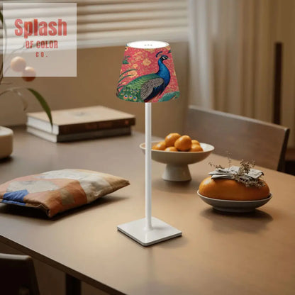 Elegant Watercolor Peacock Blue Gold Accent Asian Chinoiserie Designed LED Cordless Table Lamp - 4.3’’x4.3’’x14.8’’