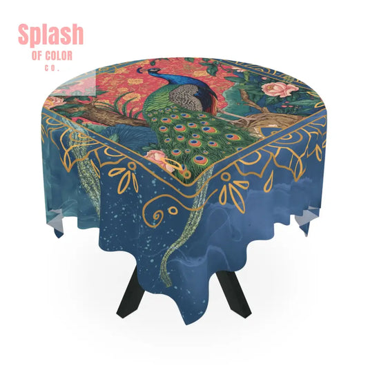 Elegant Watercolor Peacock Blue Gold Accent Asian Chinoiserie Designed Tablecloth - One size / White - Home Decor