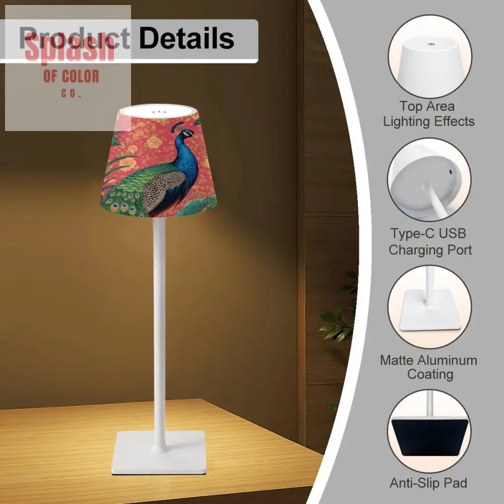 Elegant Watercolor Peacock Blue Gold Accent Asian Chinoiserie Designed LED Cordless Table Lamp - 4.3’’x4.3’’x14.8’’