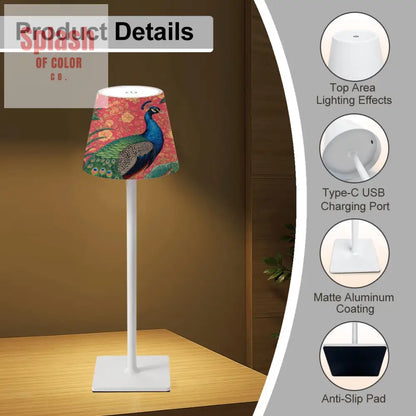 Elegant Watercolor Peacock Blue Gold Accent Asian Chinoiserie Designed LED Cordless Table Lamp - 4.3’’x4.3’’x14.8’’
