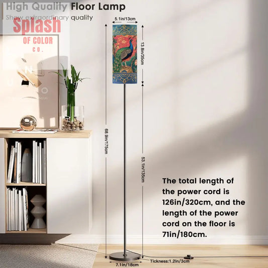 Elegant Watercolor Peacock Blue Gold Accent Asian Chinoiserie Designed Modern Floor Lamp - One Size - Floor Lamps