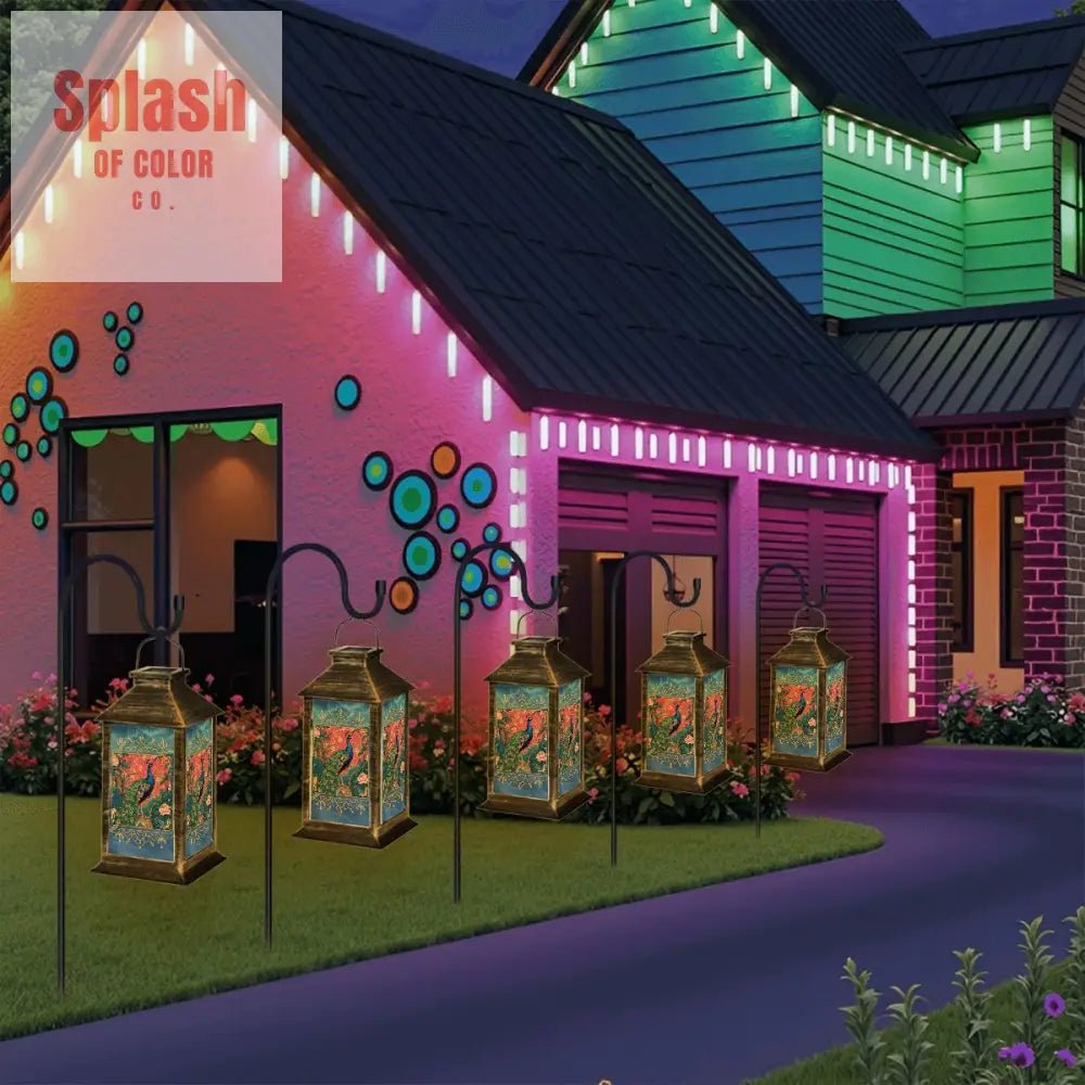 Elegant Watercolor Peacock Blue Gold Accent Asian Chinoiserie Designed Solar Lantern - Splash of Color co.