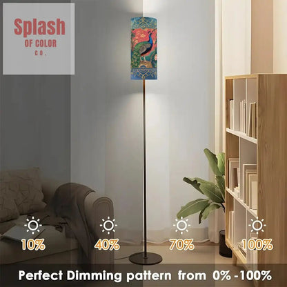Elegant Watercolor Peacock Blue Gold Accent Asian Chinoiserie Designed Modern Floor Lamp - Splash of Color co.