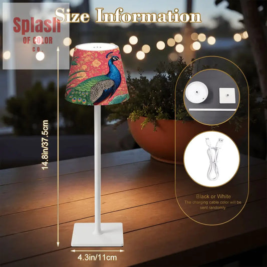 Elegant Watercolor Peacock Blue Gold Accent Asian Chinoiserie Designed LED Cordless Table Lamp - 4.3’’x4.3’’x14.8’’