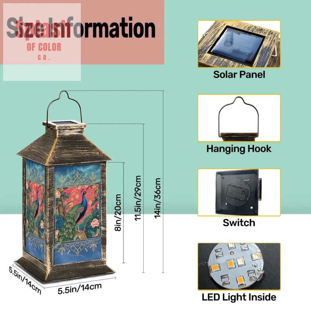 Elegant Watercolor Peacock Blue Gold Accent Asian Chinoiserie Designed Solar Lantern - Splash of Color co.