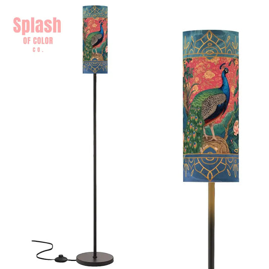 Elegant Watercolor Peacock Blue Gold Accent Asian Chinoiserie Designed Modern Floor Lamp - One Size - Floor Lamps