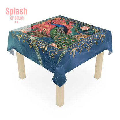 Elegant Watercolor Peacock Blue Gold Accent Asian Chinoiserie Designed Tablecloth - One size / White - Home Decor