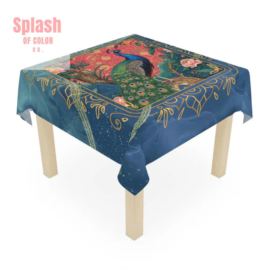 Elegant Watercolor Peacock Blue Gold Accent Asian Chinoiserie Designed Tablecloth - One size / White - Home Decor