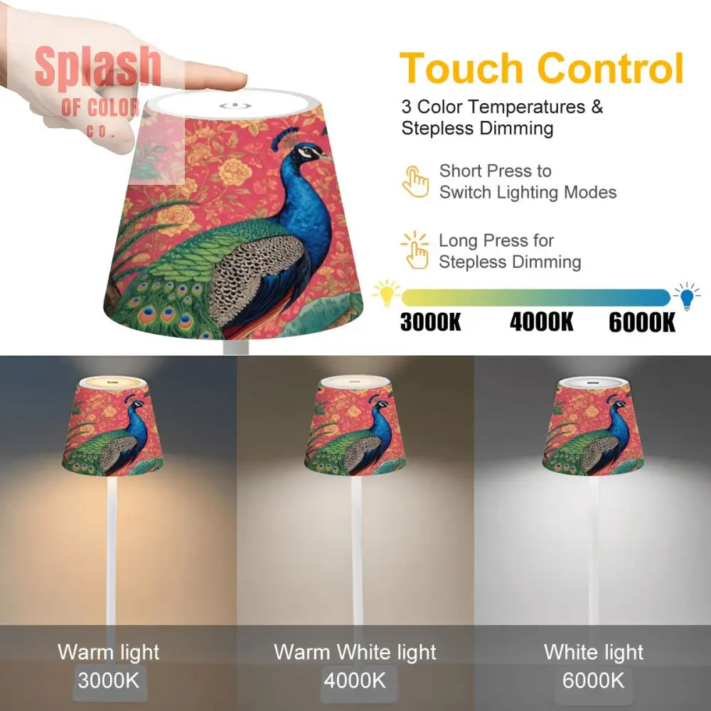 Elegant Watercolor Peacock Blue Gold Accent Asian Chinoiserie Designed LED Cordless Table Lamp - 4.3’’x4.3’’x14.8’’