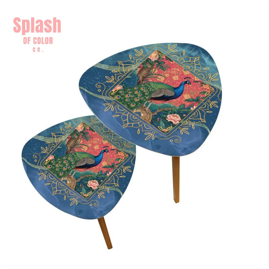 Elegant Watercolor Peacock Blue Gold Accent Asian Chinoiserie Designed Nesting Tables - One Size - Home Accessories