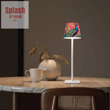 Elegant Watercolor Peacock Blue Gold Accent Asian Chinoiserie Designed LED Cordless Table Lamp - 4.3’’x4.3’’x14.8’’