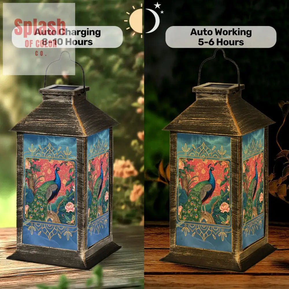 Elegant Watercolor Peacock Blue Gold Accent Asian Chinoiserie Designed Solar Lantern - Splash of Color co.