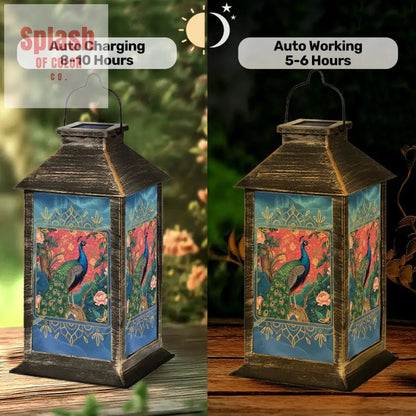 Elegant Watercolor Peacock Blue Gold Accent Asian Chinoiserie Designed Solar Lantern - Splash of Color co.