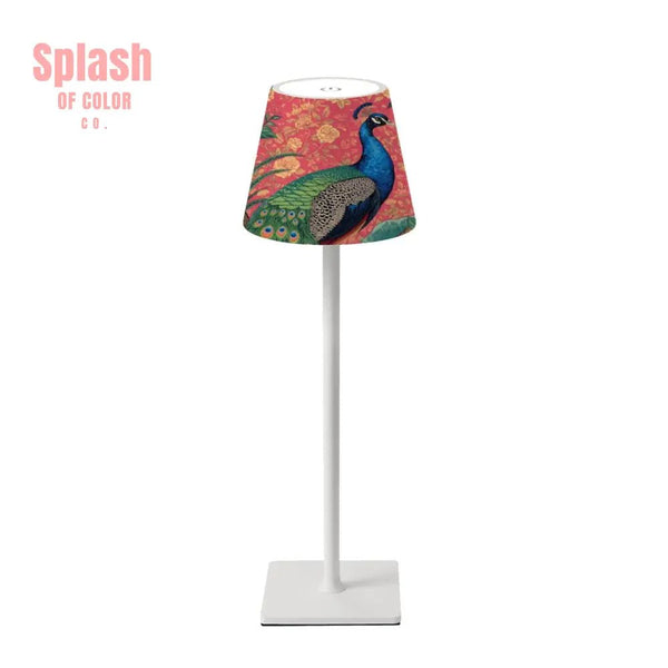 Elegant Watercolor Peacock Blue Gold Accent Asian Chinoiserie Designed LED Cordless Table Lamp - Splash of Color co.