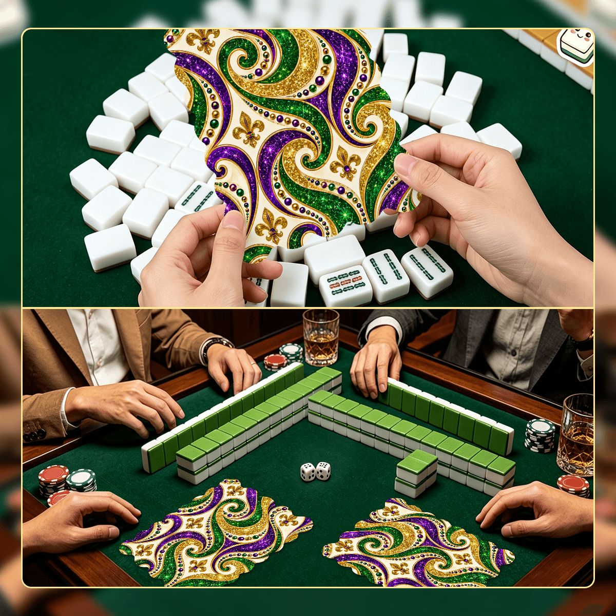 Mardi Gras Glitz Gold Fleur De Lis Scalloped Mahjong Shuffler Cards  Set of 4