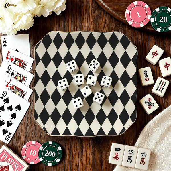 Black Harlequin Scalloped Ceramic Mahjong Dice Tray