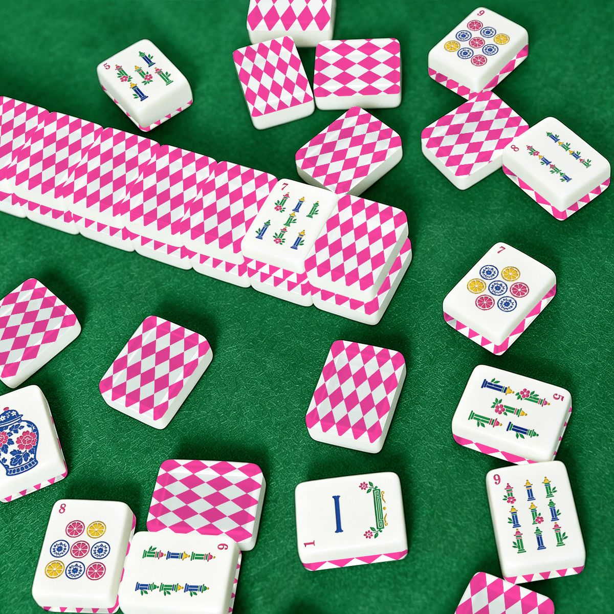Hot Pink Harlequin Romance Chinoiserie Pastel Mahjong Tiles With Carry Case - Splash Of Mahj And Color Co.