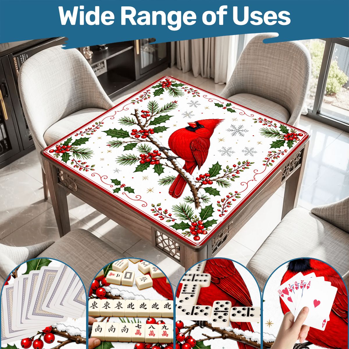 Winterberry Cardinal Bird Custom Mahjong Mat - Splash Of Mahj And Color Co.