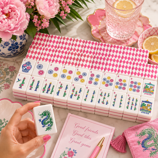 Hot Pink Harlequin Romance Chinoiserie Pastel Mahjong Tiles With Carry Case - Splash Of Mahj And Color Co.