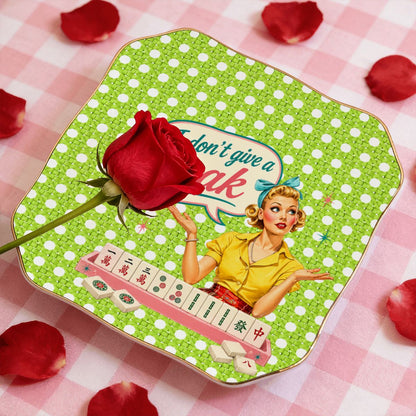 Funny Mahjong Dice Tray, Scalloped Ceramic, Limoncello I Don't Give A Crak - Splash Of Mahj And Color Co.