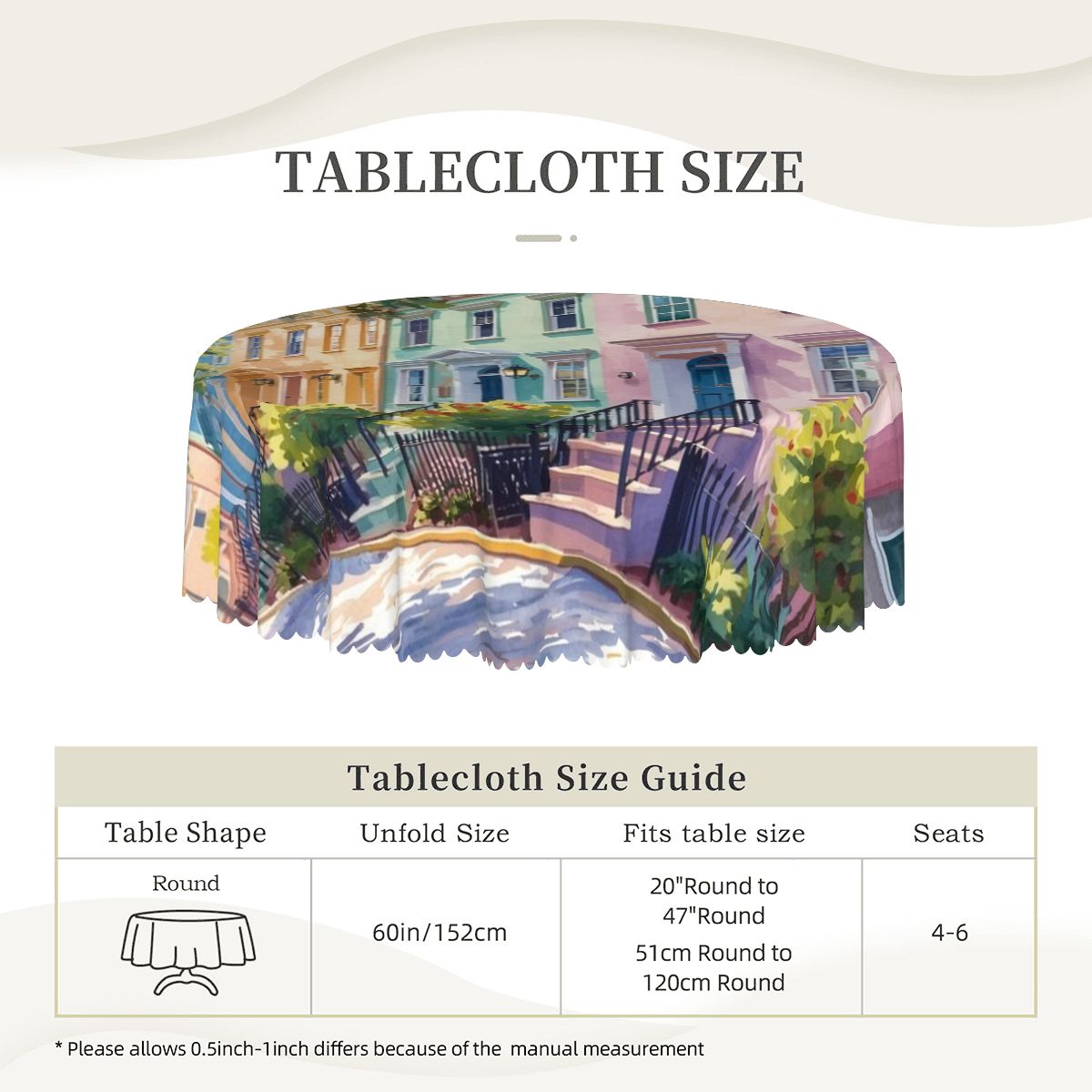 Charleston South Carolina Rainbow Row Watercolor Round Tablecloth with Wavy Edge - Splash of Color Co.