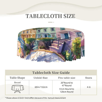 Charleston South Carolina Rainbow Row Watercolor Round Tablecloth with Wavy Edge - Splash of Color Co.