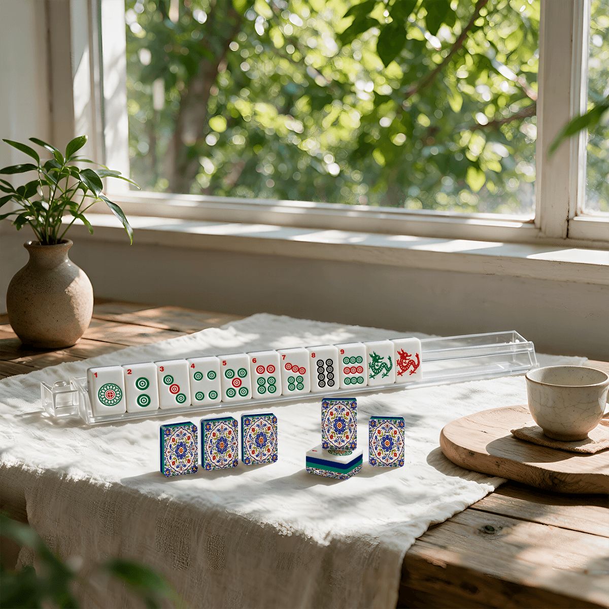 Blue Pottery Porcelain 4Layer American Mahjong Tiles  Blue  Green With Carry Case