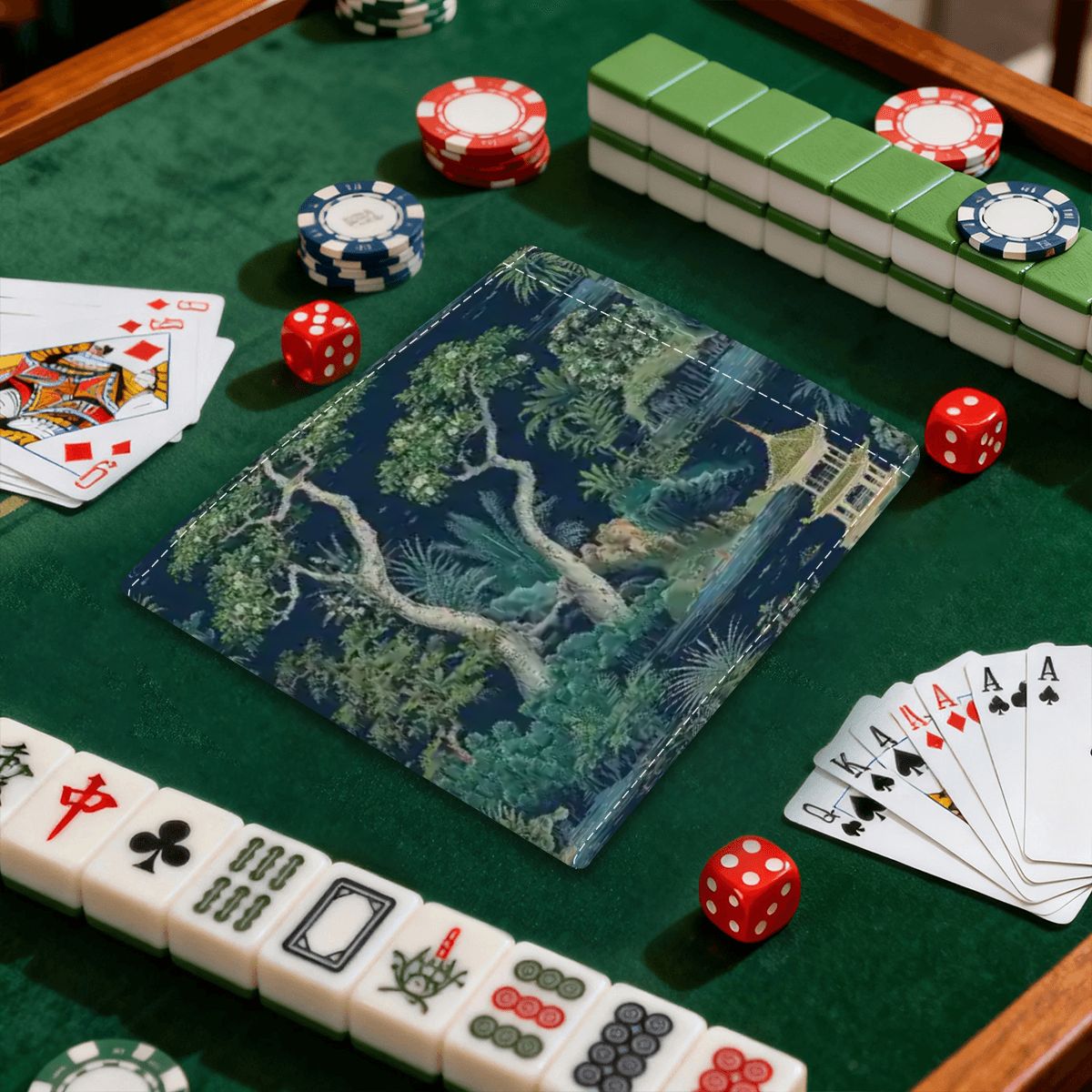 Asian Zen Garden Chinoiserie Blue, Green Designed 4 Mahjong Card Holder with Line Finder - Splash of Color Co.