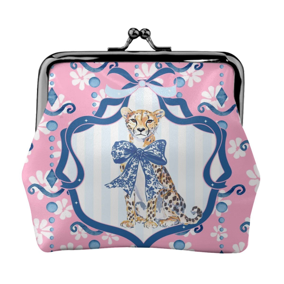 Charleston Cheetah Preppy Pink Women's Leather Kiss Lock Coin Purse - Splash of Color Co.