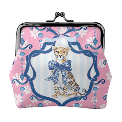 Charleston Cheetah Preppy Pink Women's Leather Kiss Lock Coin Purse - Splash of Color Co.