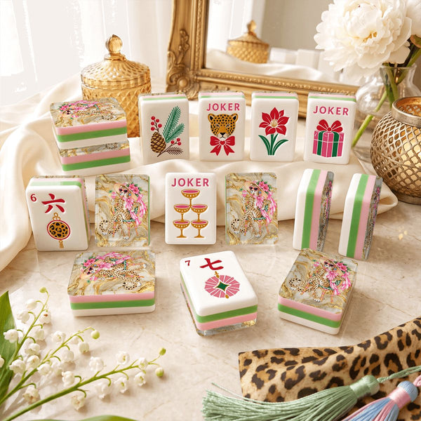 Sipping Leopard 4 Layer Glam Winter American Mahjong Tiles And Carry Case - Splash Of Mahj And Color Co.