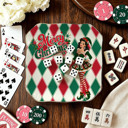 Merry Christmas Madge Harlequin Designed Green And Red Scalloped Ceramic Mahjong Dice Tray - Splash Of Mahj And Color Co.