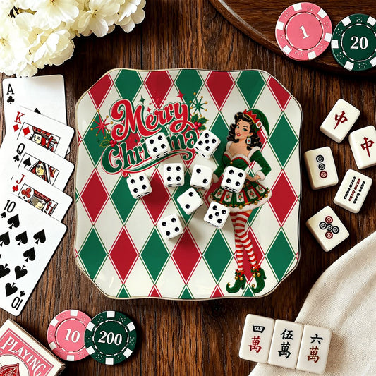Merry Christmas Madge Harlequin Designed Green And Red Scalloped Ceramic Mahjong Dice Tray - Splash Of Mahj And Color Co.