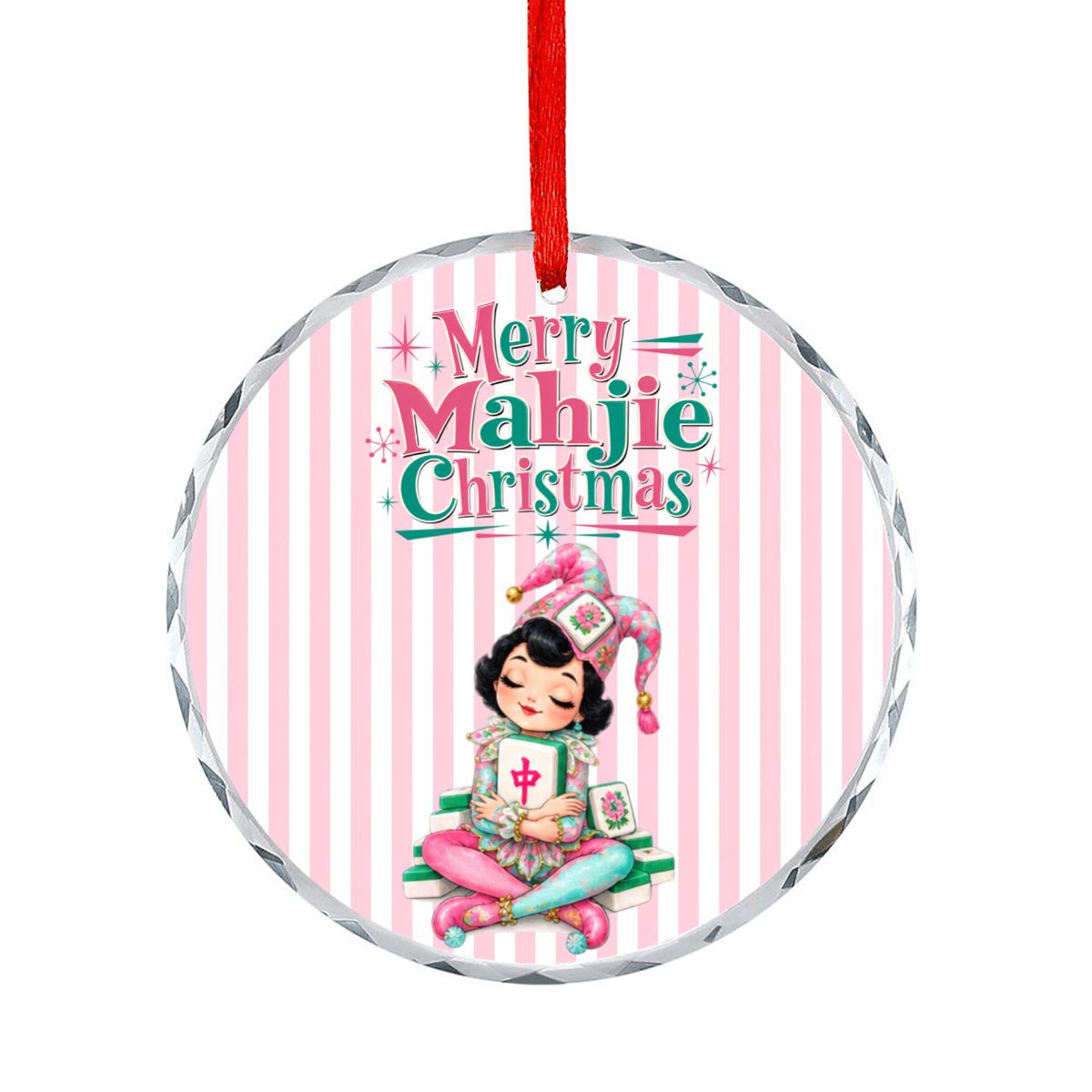 Merry Mahjie Mahjong Christmas Pink And White Striped Round Glass Christmas Ornament