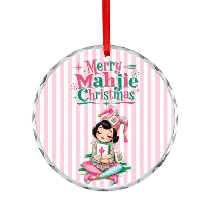 Merry Mahjie Mahjong Christmas Pink And White Striped Round Glass Christmas Ornament