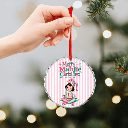 Merry Mahjie Mahjong Christmas Pink And White Striped Round Glass Christmas Ornament