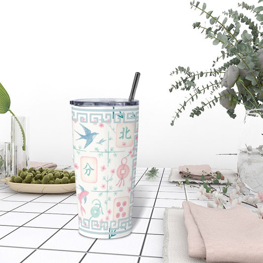 Mahjong Tile Tumbler Pastel Blue Pink Stainless Steel Insulated Tumblers with Lid & Straw