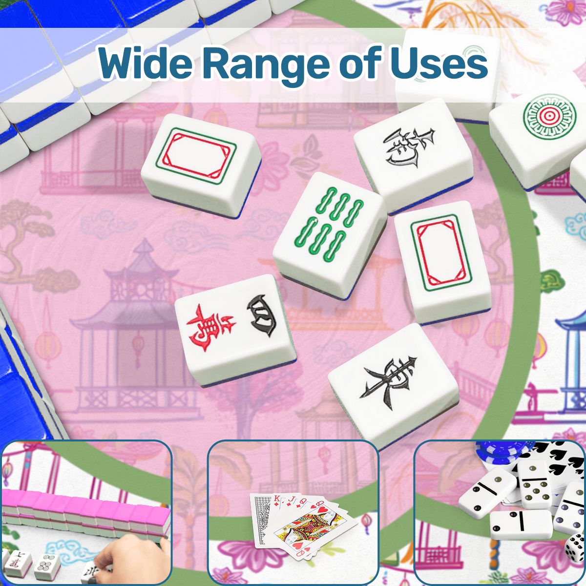 Chinoiserie Asian Gardens, Pagoda, Lantern Lavender And Blue Scalloped Mahjong Mat - Splash of Color Co.