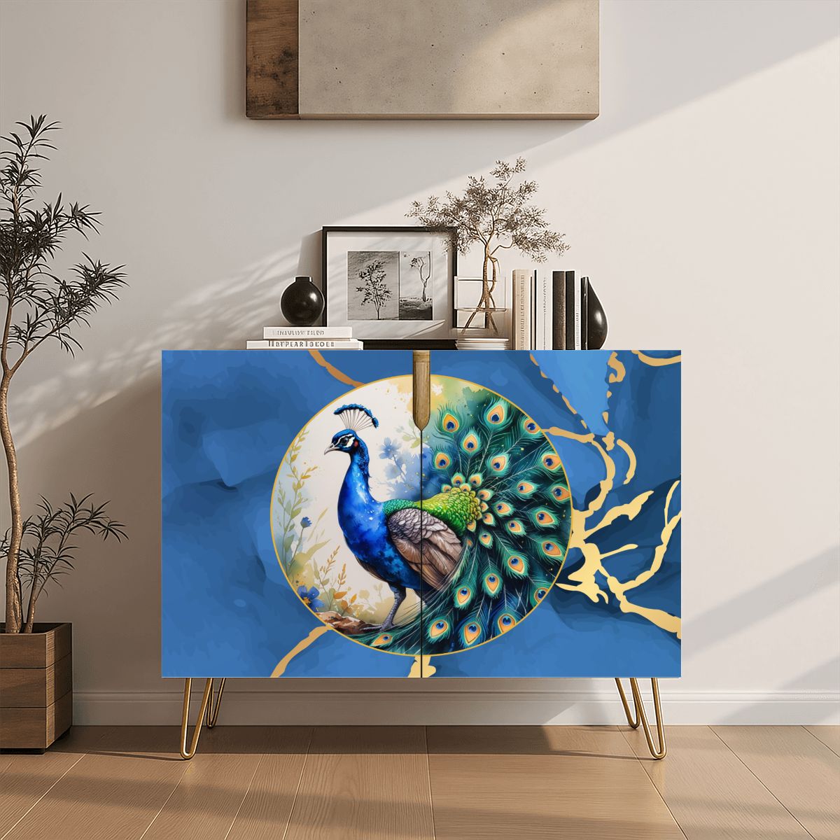 Asian Chinoiserie Golden Gilded Watercolor Peacock Modern Wooden Cabinet - Splash of Color Co.