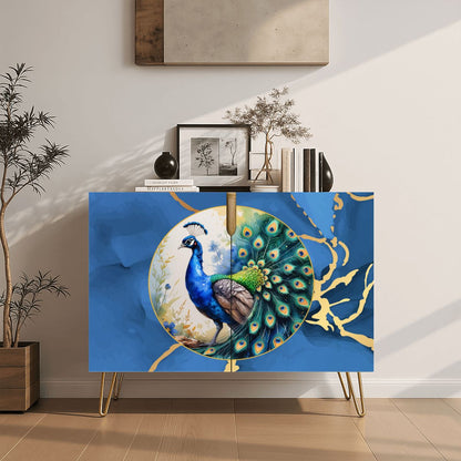 Asian Chinoiserie Golden Gilded Watercolor Peacock Modern Wooden Cabinet - Splash of Color Co.