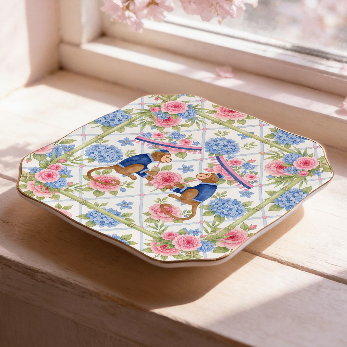 Asian Chinoiserie Floral Monkey Scalloped Ceramic Mahjong Dice Tray