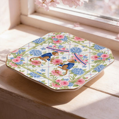 Asian Chinoiserie Floral Monkey Scalloped Ceramic Mahjong Dice Tray