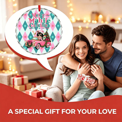 Merry Mahjie Christmas Pink And Teal Harlequin Round Glass Christmas Ornament