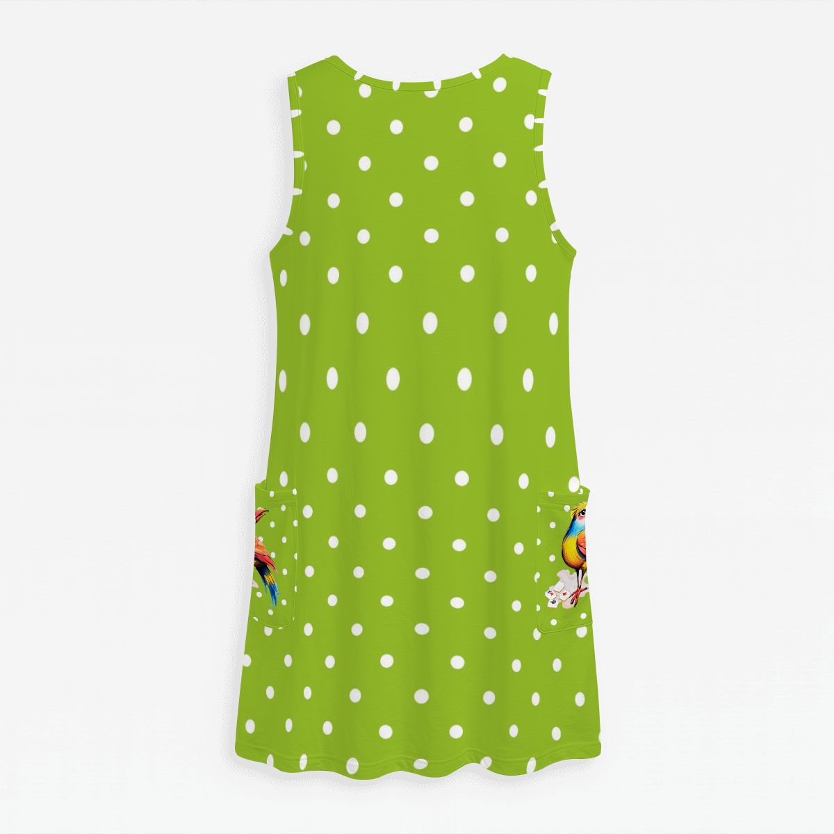 Green And White Polka Dot Bam Bird Preppy Mahj Women's Sleeveless Dress with Pockets - Splash of Color Co.
