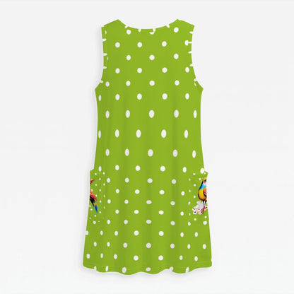 Green And White Polka Dot Bam Bird Preppy Mahj Women's Sleeveless Dress with Pockets - Splash of Color Co.