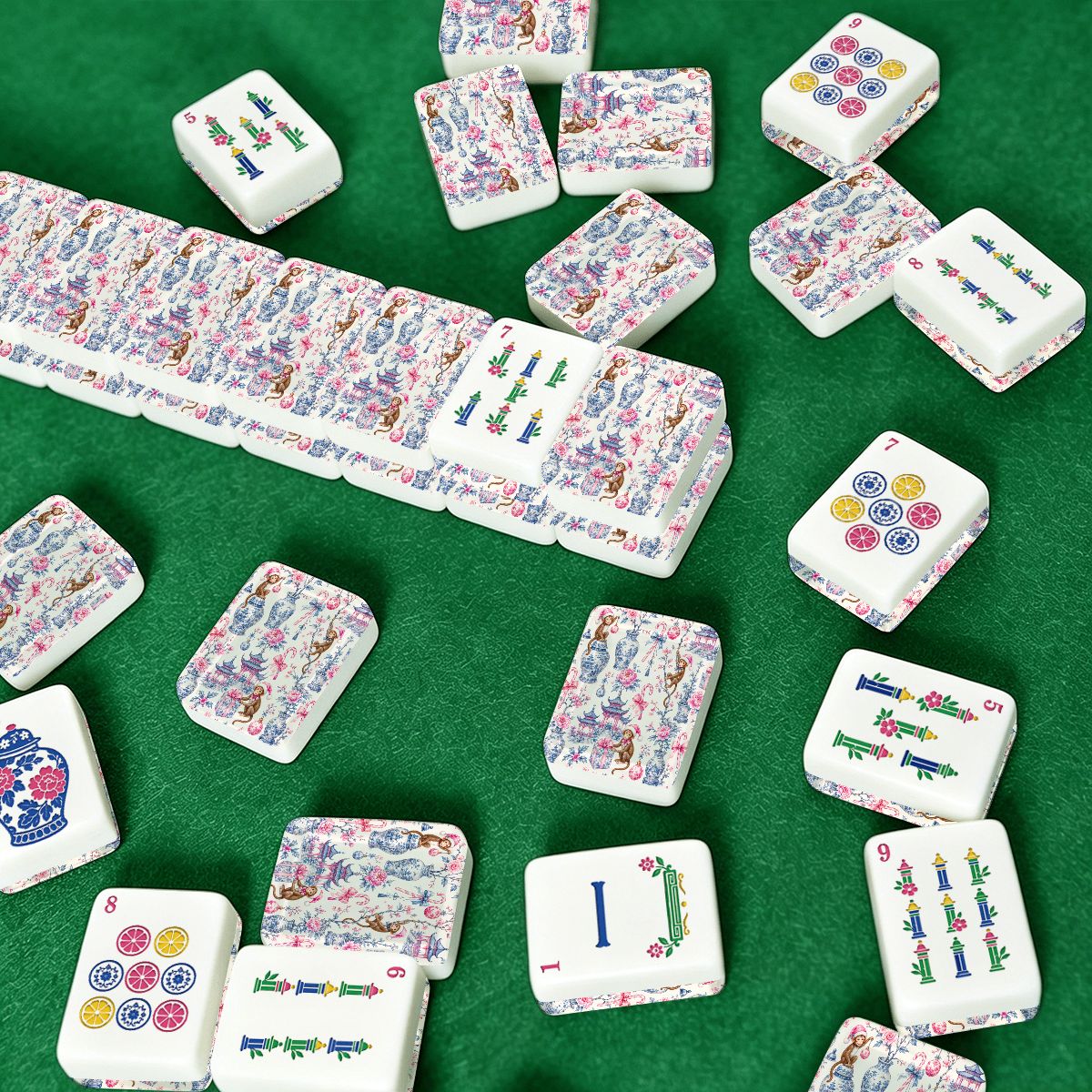 Monkey Elves Chinoiserie Pastel American Mahjong Tiles And Carry Case