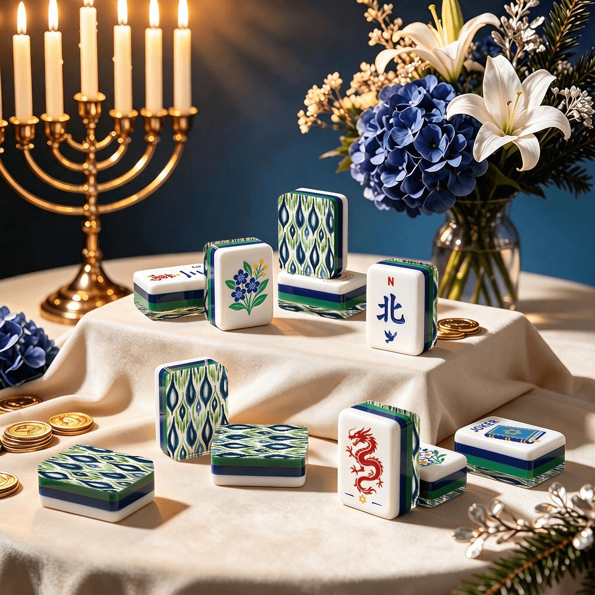 Ikat Watercolor Blue And Green Hanukkah Mahjong Tiles And Carry Case - Splash Of Mahj And Color Co.