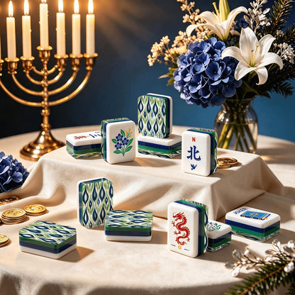 Ikat Watercolor Blue And Green Hanukkah Mahjong Tiles And Carry Case - Splash Of Mahj And Color Co.